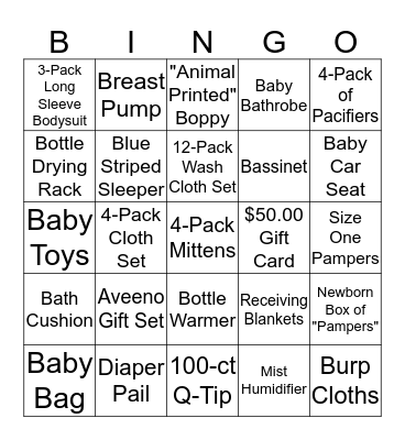 Baby Registry Bingo Card