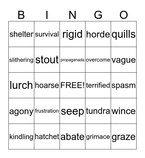 Hatchet Bingo Card