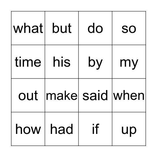 Sight Words Bingo Card