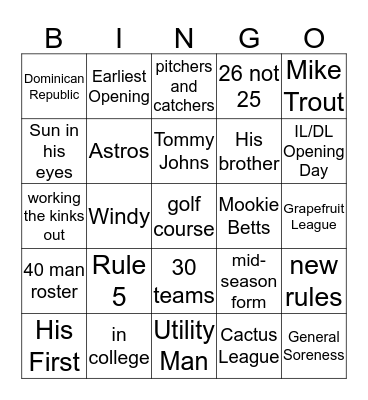 Spring Training Bingo Card