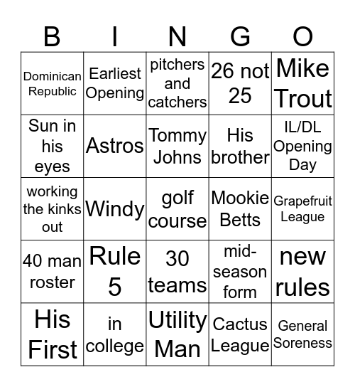 Spring Training Bingo Card