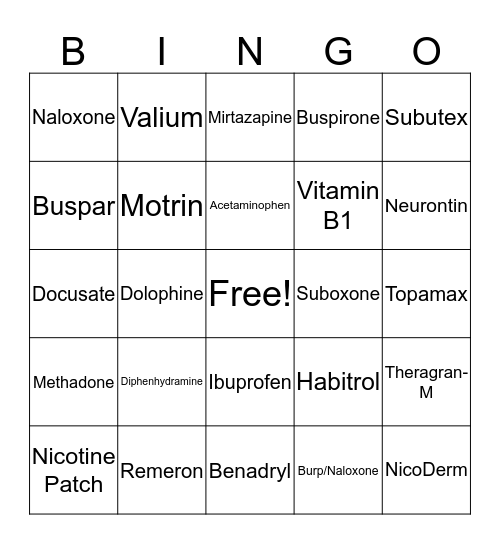 Medication Bingo Card