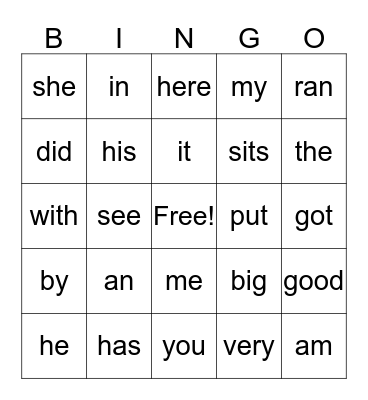 Sight Words Bingo Card