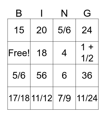 Fraction Bingo Card