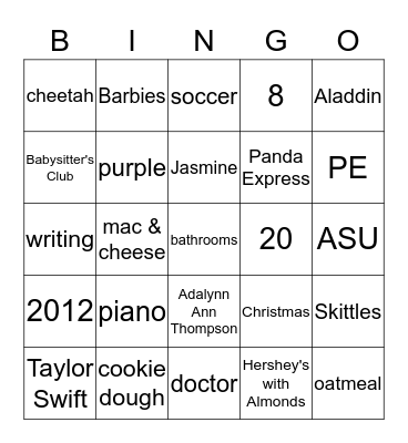 Addy is 8! Bingo Card