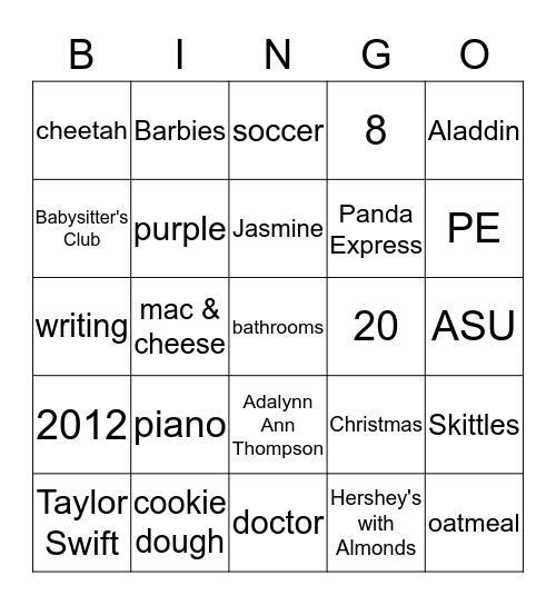 Addy is 8! Bingo Card