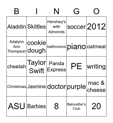 Addy is 8! Bingo Card