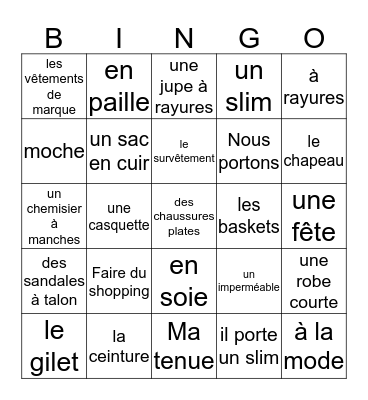 Les vêtements Bingo Card