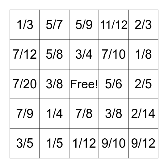 Fractions Bingo! Bingo Card