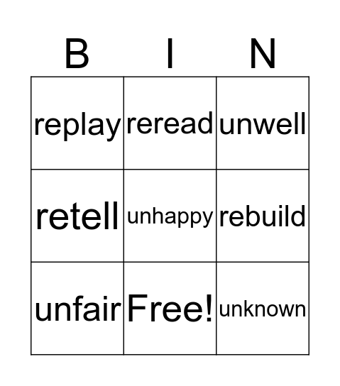 Prefix Bingo: "Re" and "Un" Bingo Card