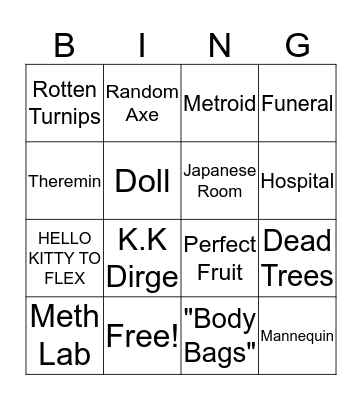 ACNL Horror Town Bingo Card