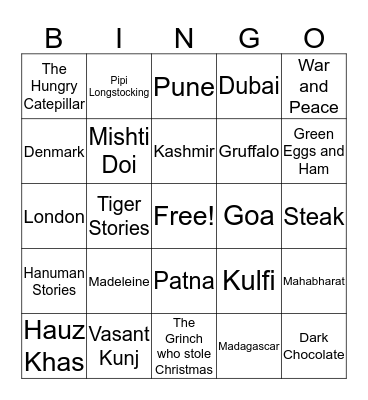Nani's Favourite Places, Books and Food! Bingo Card