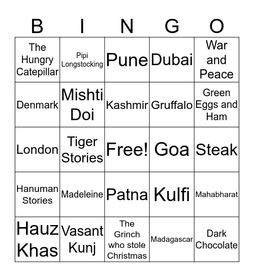 Nani's Favourite Places, Books and Food! Bingo Card