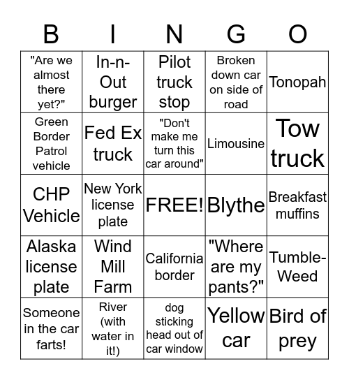 Road Trip Bingo! Bingo Card