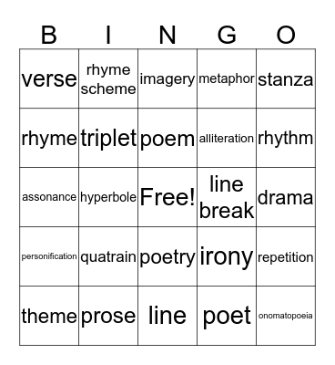 Mr. Pat's Poetry Bingo Card