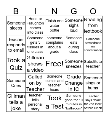 School Day Bingo Card