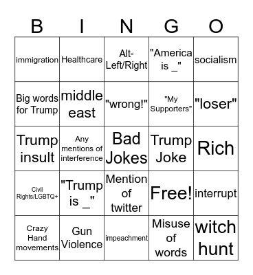 2020 Debate Cards Bingo Card