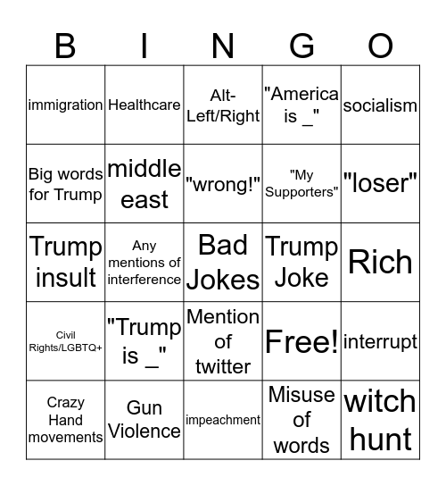 2020 Debate Cards Bingo Card