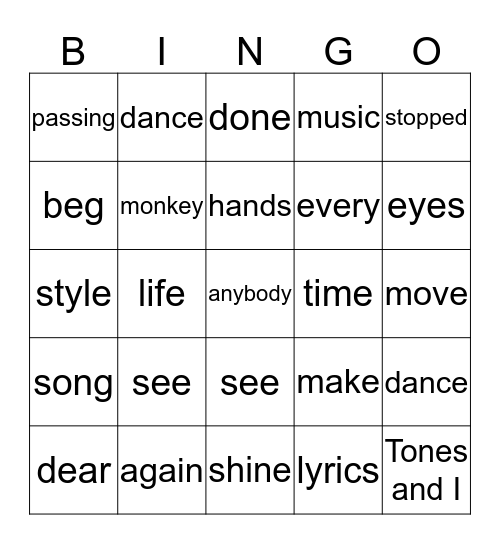 Dance Monkey Bingo Card