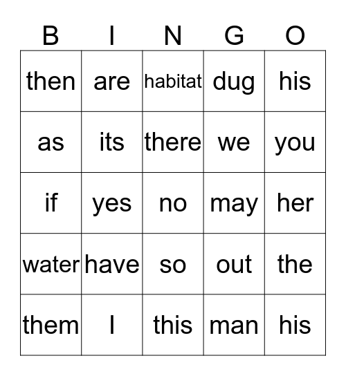 Sight Word Bingo Card