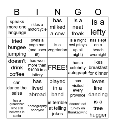 Singles Mingle : find someone in the room who admits to these characteristics and write his/her name in the box . complete a row across, down or diagonally and you win! Bingo Card