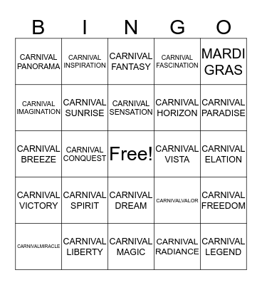 CARNIVAL CRUISE LINE BINGO Card