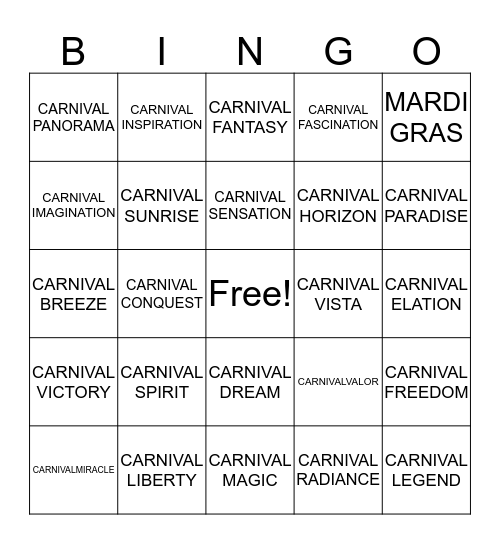 CARNIVAL CRUISE LINE BINGO Card