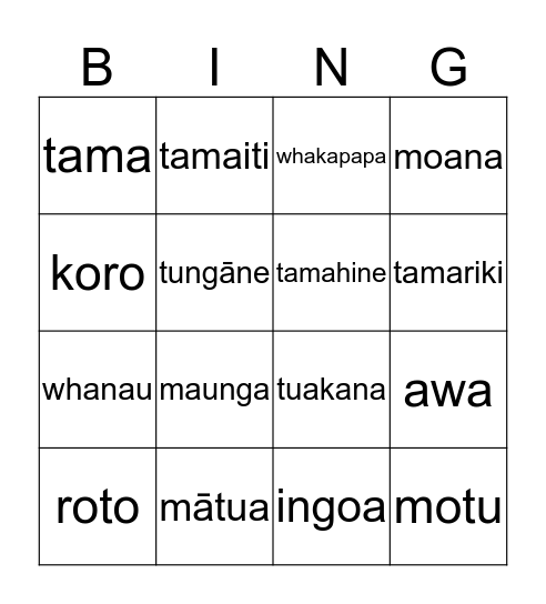 Whanau Kupu Bingo Card