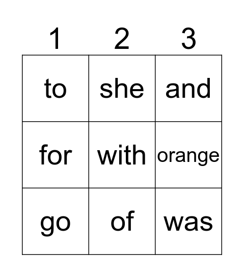 Sight words Bingo Card