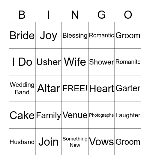 Bridal Bingo Card