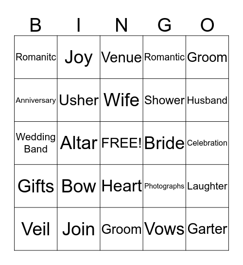 Bridal Bingo Card