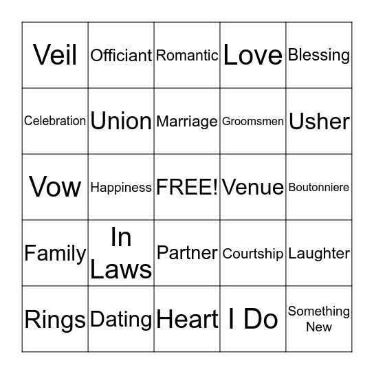 Bridal Bingo Card