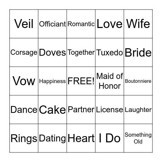 Bridal Bingo Card