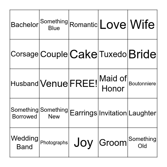 Bridal Bingo Card