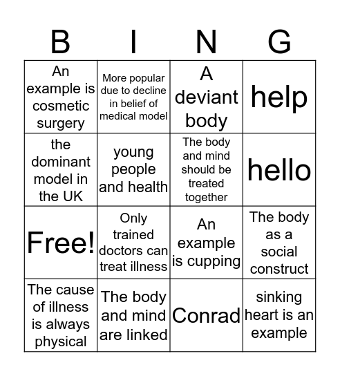 Health & the Body Bingo Card