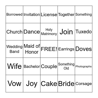 Bridal Bingo Card