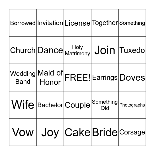 Bridal Bingo Card