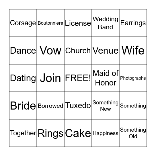 Bridal Bingo Card