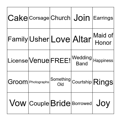 Bridal Bingo Card