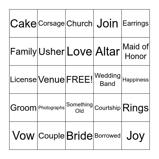 Bridal Bingo Card