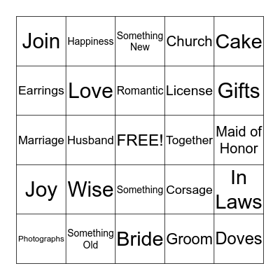 Bridal Bingo Card