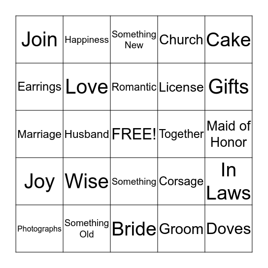 Bridal Bingo Card