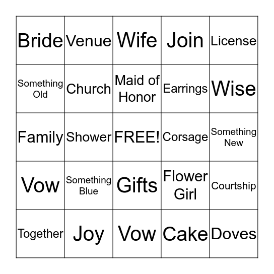 Bridal Bingo Card