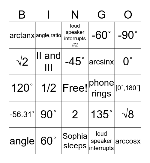 Inverse Trig Bingo Card