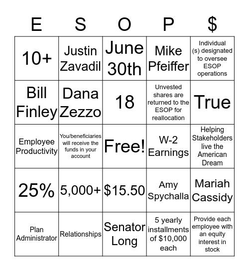 ESOP Bingo Card