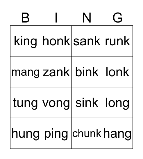 -ng and -nk Glued Sounds Bingo Card