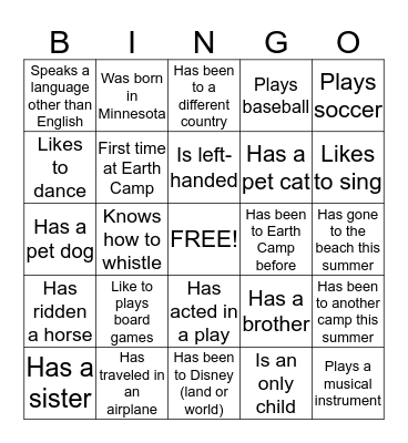 Earth Camp Bingo Card