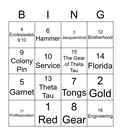 Theta Tau Bingo Card