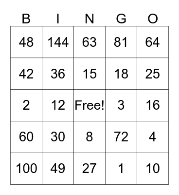 Multiplication Bingo  Bingo Card