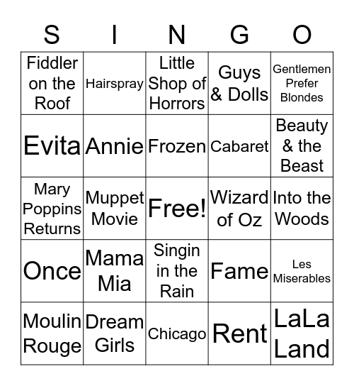 Singo Show Tunes 2020 Bingo Card